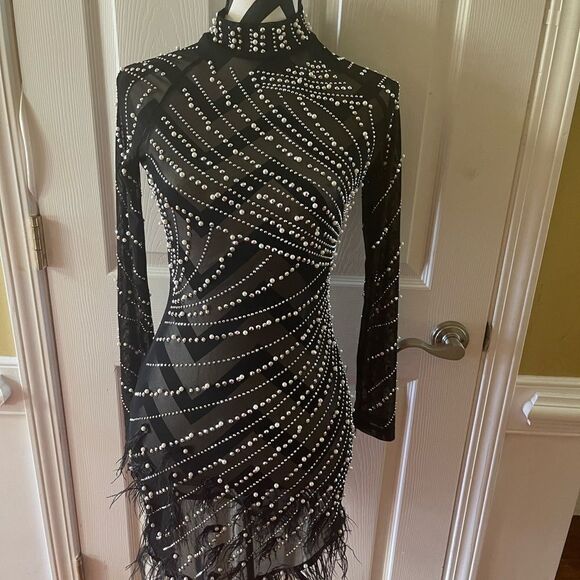 Unbranded Luxury Rhinestones & Pearls Feather Mini dress feather accents Size S - Picture 9 of 16